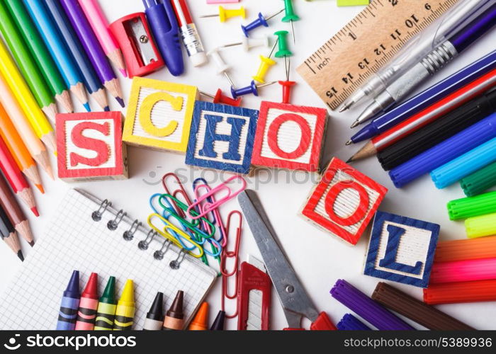 Primary school stationery on a white background