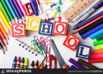 Primary school stationery on a white background