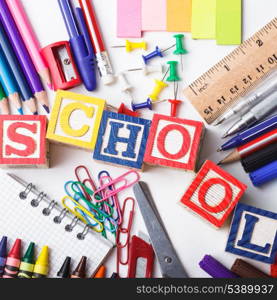 Primary school stationery on a white background