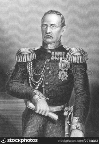 Prince Mikhail Dmitrievich (1795-1861) on engraving from the 1800s. Russian General of Artillery. Drawn and engraved by D.J.Pound and published by the London Printing & Publishing Company.
