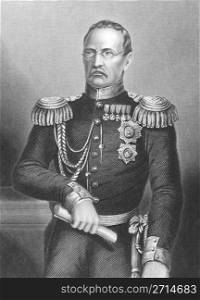 Prince Mikhail Dmitrievich (1795-1861) on engraving from the 1800s. Russian General of Artillery. Drawn and engraved by D.J.Pound and published by the London Printing & Publishing Company.
