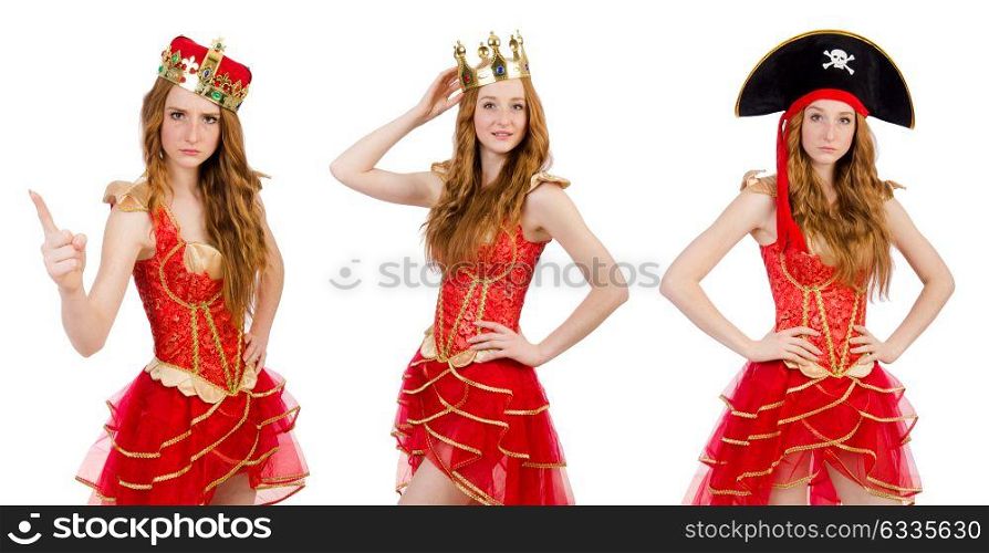 Princess wearing crown and red dress isolated on white