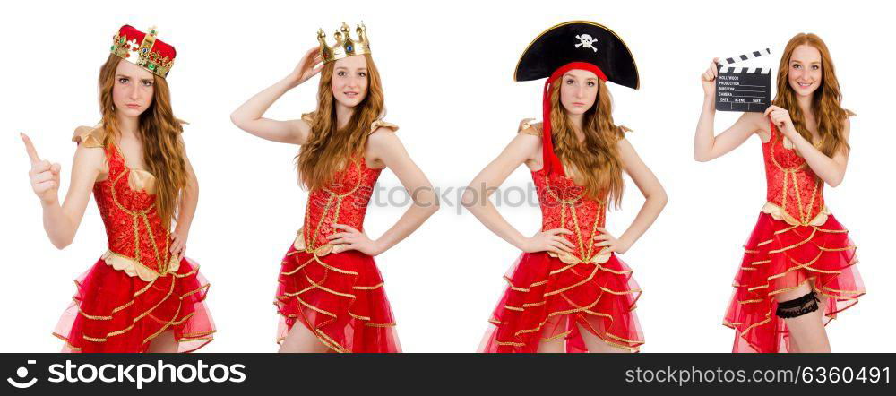 Princess wearing crown and red dress isolated on white