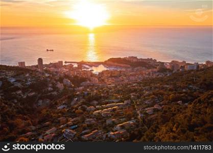 Principality of Monaco aerial panoramic sunrise view, skyscrapers of Cote D Azur