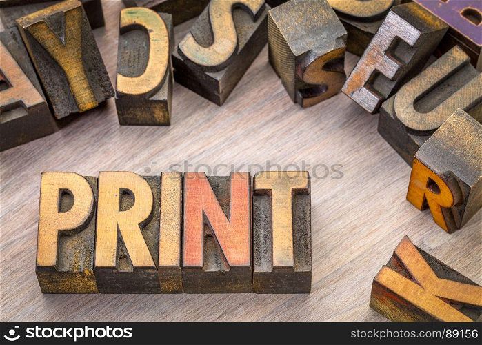print word abstract in vintage letterpress wood type printing blocks