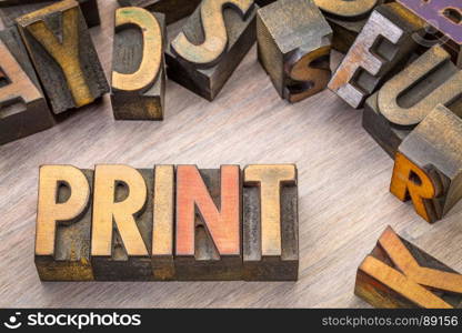 print word abstract in vintage letterpress wood type printing blocks