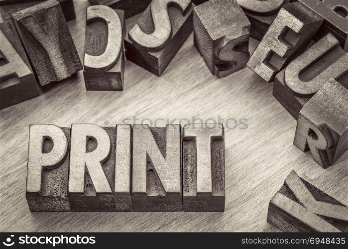 print word abstract in vintage letterpress wood type printing blocks, black and white image