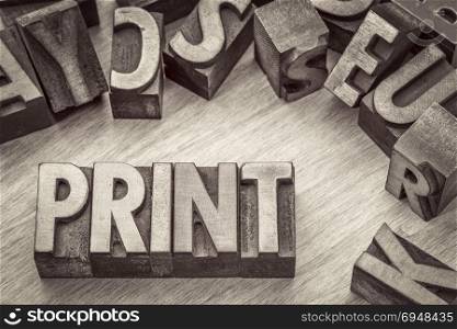 print word abstract in vintage letterpress wood type printing blocks, black and white image