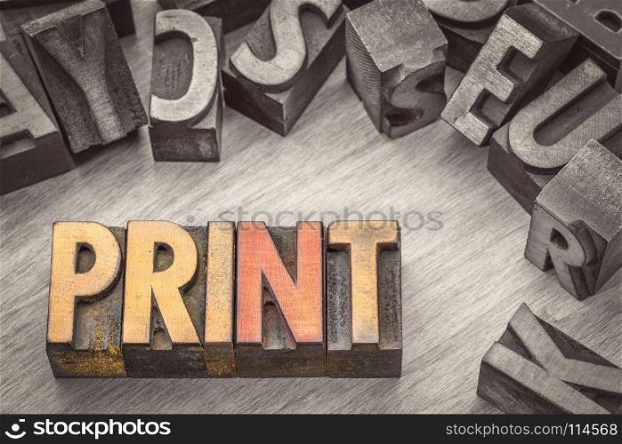 print word abstract in vintage letterpress wood type printing blocks, color combined with black and white image