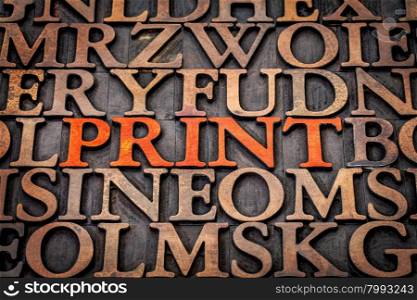 print word abstract in wood type printing blocks stained by red ink