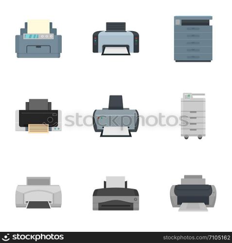 Printer icon set. Flat set of 9 printer vector icons for web design. Printer icon set, flat style
