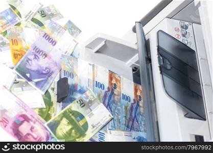 Printer printing fake Swiss francs, currency of switzerland isolated on white background