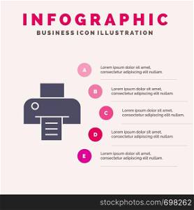 Printer, Printing, Print Solid Icon Infographics 5 Steps Presentation Background