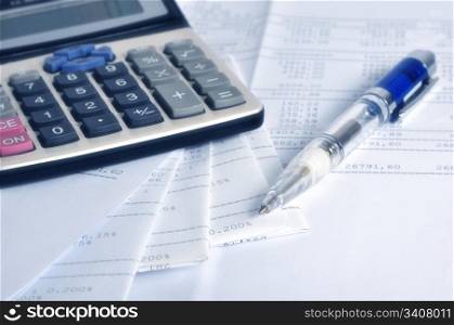Prints of financial report on sheets with pen and calculator