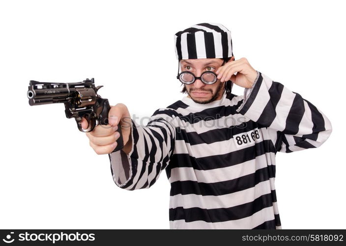 Prison inmate with gun isolated on white