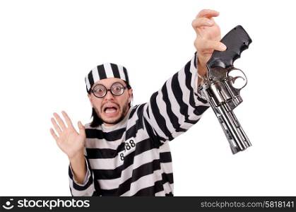 Prison inmate with gun isolated on white