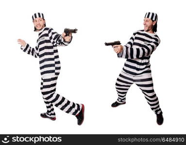 Prison inmate with gun isolated on white