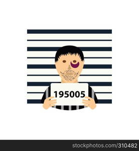 Prisoner in front of wall with scale icon. Flat color design. Vector illustration.