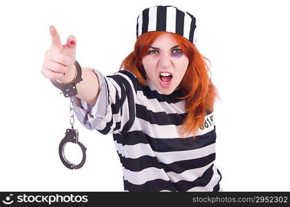 Prisoner in striped uniform on white