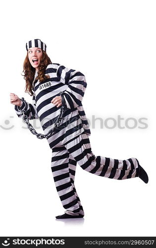 Prisoner in striped uniform on white