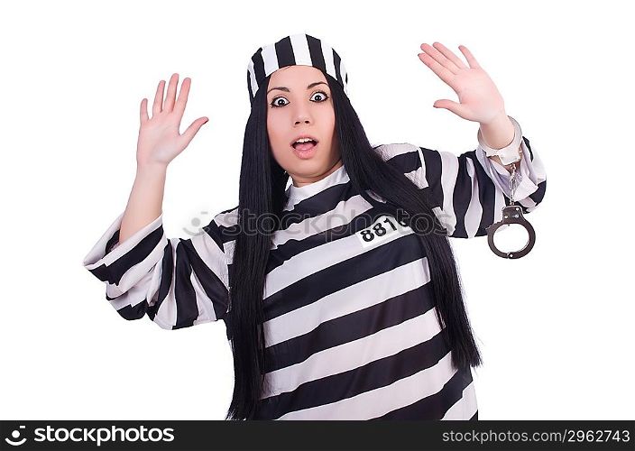 Prisoner in striped uniform on white