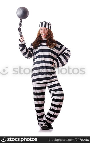 Prisoner in striped uniform on white