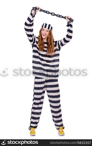 Prisoner in striped uniform on white