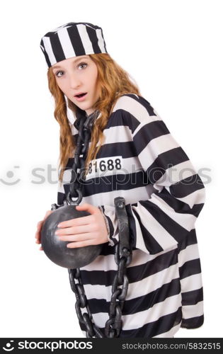 Prisoner in striped uniform on white