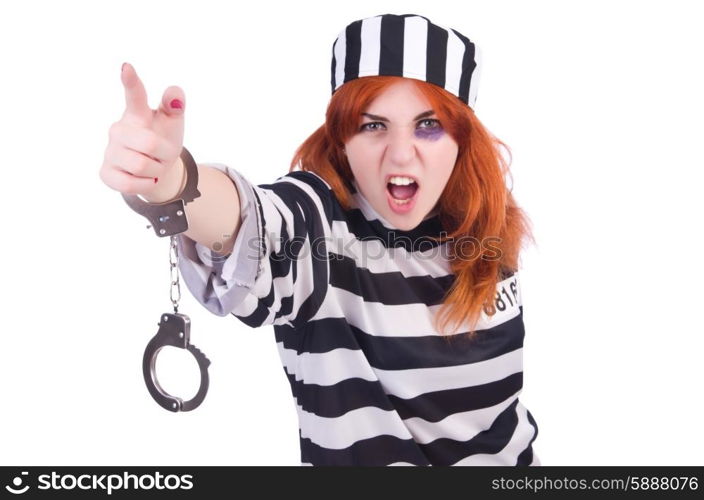 Prisoner in striped uniform on white