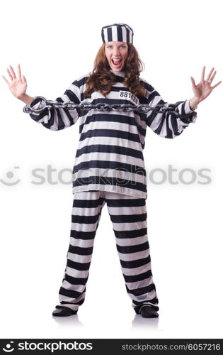 Prisoner in striped uniform on white