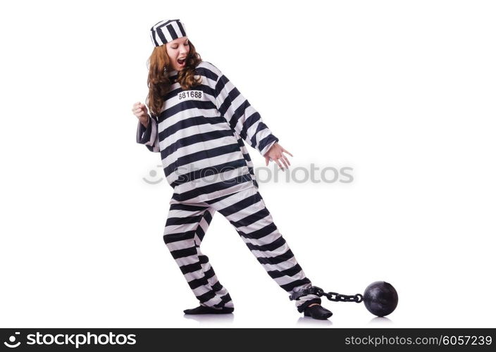 Prisoner in striped uniform on white