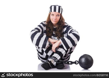 Prisoner in striped uniform on white