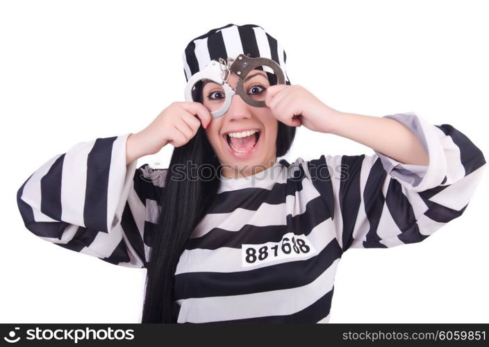 Prisoner in striped uniform on white