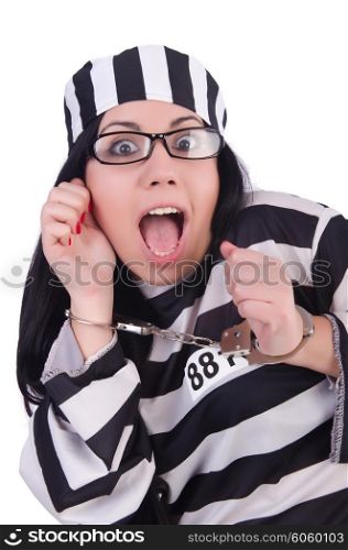 Prisoner in striped uniform on white