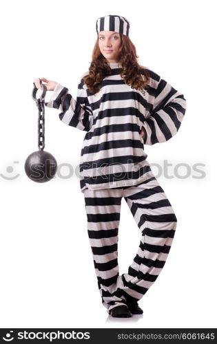 Prisoner in striped uniform on white