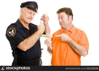 Prisoner offers policeman bribe. Officer refuses and threatens handcuffs. Isolated on white.