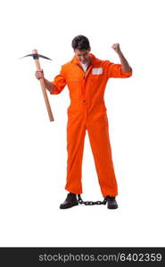 Prisoner with axe isolated on white background