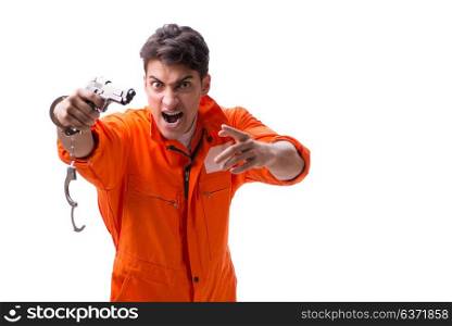 Prisoner with gun isolated on white background