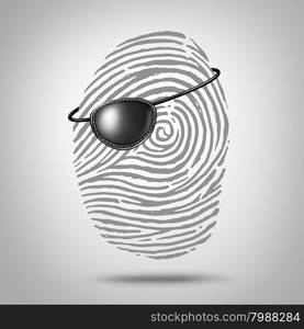 Privacy piracy concept and identity theft symbol as a finger print or fingerprint icon with a pirate eye patch as a private data security metaphor for online personal information risk.