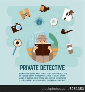 Private Detective Concept. Private detective concept with camera magnifying glass and book flat vector illustration