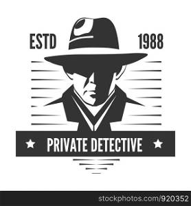 Private detective logo of vector man in hat for investigation service agency or secret spy agent on white background. Private detective logo of vector man in hat for investigation service agency