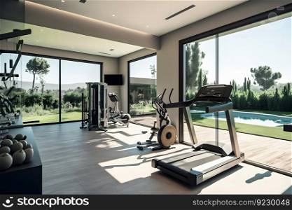 Private gym in luxury home. Neural network AI generated art. Private gym in luxury home. Neural network AI generated