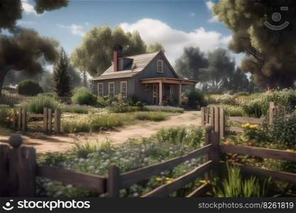 Private house outside the city with a garden. Neural network AI generated art. Private house outside the city with a garden. Neural network AI generated