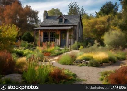 Private house outside the city with a garden. Neural network AI generated art. Private house outside the city with a garden. Neural network AI generated