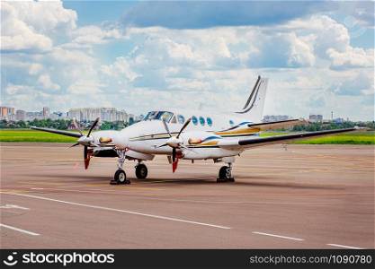 Private jet on the runway. Jet airplane stop for wait VIP passenger on runway. Comfortable flights.. Private jet on the runway. Jet airplane stop for wait VIP passenger on runway.