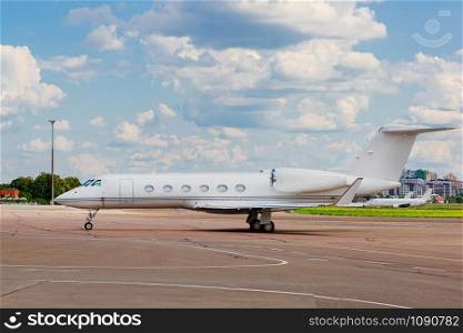 Private jet on the runway. Jet airplane stop for wait VIP passenger on runway. Comfortable flights.. Private jet on the runway. Jet airplane stop for wait VIP passenger on runway.
