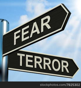 Private Or Public Directions On A Signpost. Fear Terror Signpost Showing Frightened And Terrified