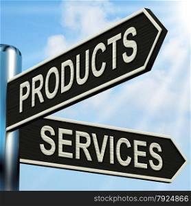 Private Or Public Directions On A Signpost. Products Services Signpost Showing Business Merchandise And Service