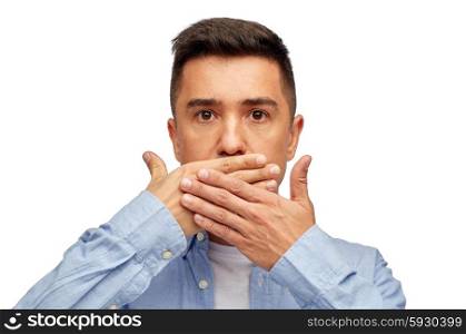 problem, emotion, sorrow and people concept - face of middle aged latin man covering his mouth with hand palm
