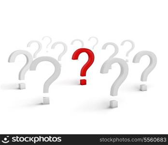 Problem solution business strategy risk motivation success concept: red question symbol surrounded with white signs isolated on white background with selective focus effect